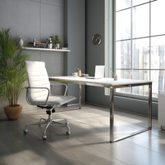 Fototapete - Efficient modern office setup with a sleek desk, ergonomic seating, and a minimalist aesthetic.