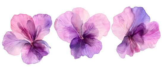 purple violet flowers watercolor illustration isolated on transparent background, delicate botanical