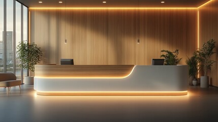Poster - Modern hospital reception lobby showcasing a white and oak wood counter with a backlit base and simple decor