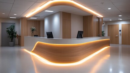 Poster - Modern hospital reception lobby showcasing a white and oak wood counter with a backlit base and simple decor