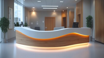 Poster - Modern hospital reception lobby showcasing a white and oak wood counter with a backlit base and simple decor