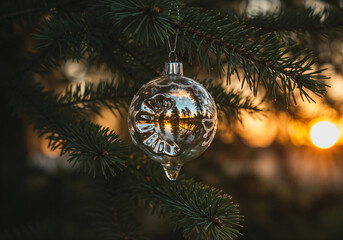 Poster - New Year's transparent ball on a tree against the backdrop of a sunset . Generative AI