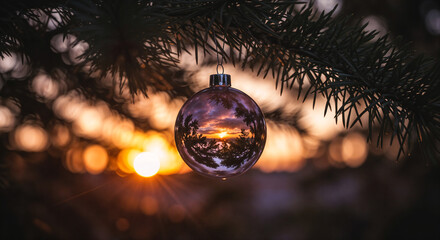 Poster - New Year's transparent ball on a tree against the backdrop of a sunset . Generative AI