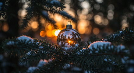 Poster - New Year's transparent ball on a tree against the backdrop of a sunset . Generative AI