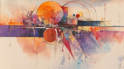 Poster - Abstract watercolor painting with vibrant oranges, purples, and reds; geometric shapes and expressive brushstrokes