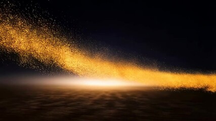 Wall Mural - golden glittering particle stream across a dark wavy surface with bright light reflection, creating 