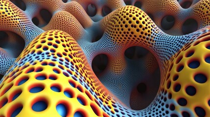 Poster - Abstract 3D render of a porous, undulating surface with textured, honeycomb-like patterns in vibrant orange and blue hues