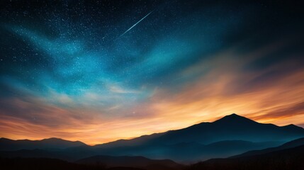 Wall Mural - serene twilight landscape with a shooting star over misty mountains and vibrant sky colors
