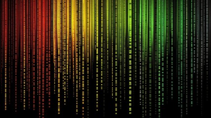 Poster - Vibrant vertical stripes of red, yellow, and green cascading down a dark background, punctuated by small squares