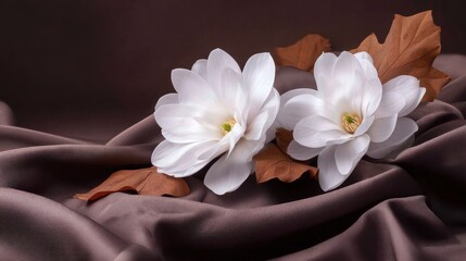 Poster - Two elegant white flowers resting on a soft fabric backdrop with autumn leaves nearby