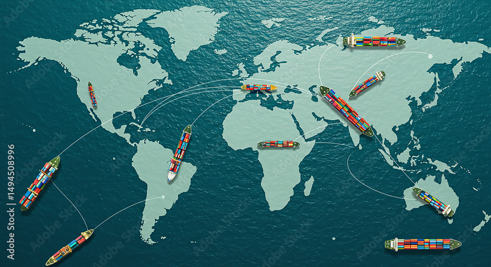 Global Trade Routes Showing Container Ships Across The World Map On global-trade-routes-showing-container-ships-across-the-world-map-on