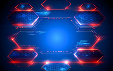 Fototapete - Futuristic tech interface template with glowing hexagon outlines and digital data on blue backdrop for technology and innovation concepts