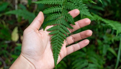 Poster - Hand holding a fern leaf with nature.