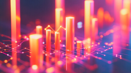 Poster - Abstract glowing bar graph with connecting lines and points in red and purple colors background