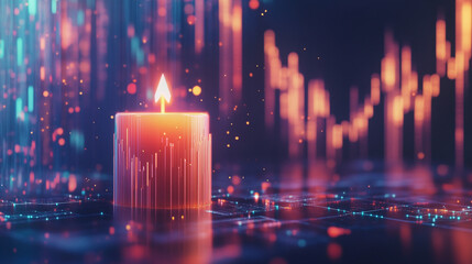 Poster - A glowing candle with a flame against a blurred background of financial charts and digital connections