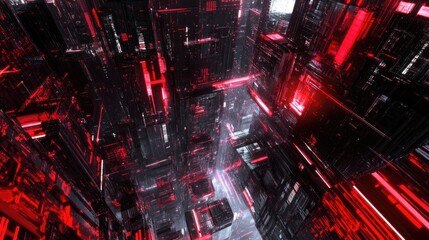 Poster - Futuristic red & black cityscape, intricate digital architecture, glowing lines