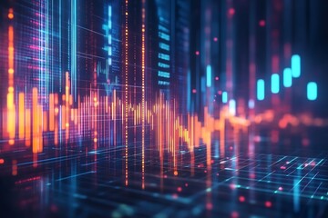 Poster - Abstract visualization of data with glowing lines and blocks in blue and orange colors