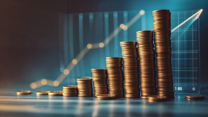 Poster - Financial growth represented by stacks of coins and upward trending graph in a business setting