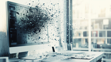 Poster - Exploding computer screen with shards flying in a bright office space with keyboard and desk visible