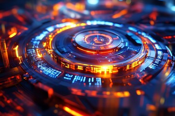 Poster - A close up view of a futuristic circular device with glowing orange and blue lights and intricate details