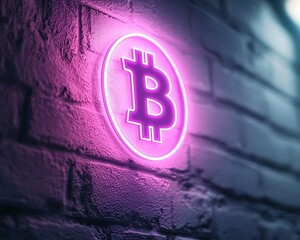 Wall Mural - Neon Bitcoin symbol on brick wall