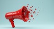 © Epic Photo - Shattered Announcement: A Megaphone's Demise - marketing concept. Broken megaphone symbolizes failed communication, message disruption, or obsolete methods. Red color, light blue background