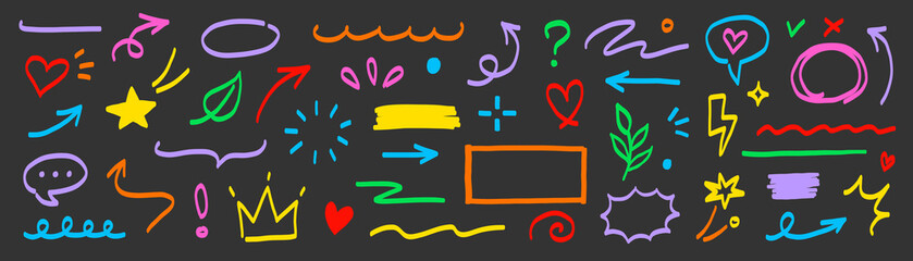 Aufkleber - Hand marker line icon color brush element set. Hand drawn colorful sketch underline, arrow, heart shape with playful style. Doodle crown, highlight, pointer and symbol for fun design. Vector
