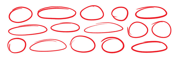Aufkleber - Hand drawn red pen highlight round oval frame set. Handwritten red marker, pencil scribble stroke line oval frame. Brush round frame highlight. Grunge scratch style set. Vector illustration