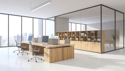 Aufkleber - Modern office interior with desks, and city view.