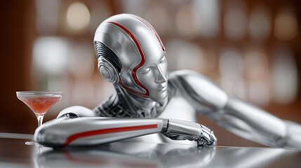 Poster - A cybernetic jazz lounge with a 1930s aesthetic, sleek robotic bartenders serving futuristic cocktails, dimly lit space with warm ambient glow, neon signs shaped like classic art deco designs,