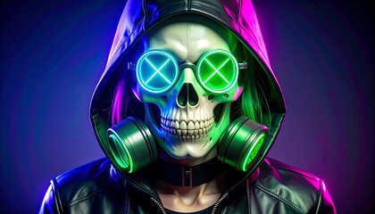 Poster - Neon Skull in Hood with Cyberpunk Portrait.