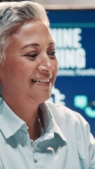 Aufkleber - Happy, mature woman and programmer with smile, machine learning and coding with system in business. Coder, employee and person with upgrade for development, ai and programming for project in office