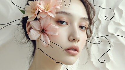 Poster - Portrait of a woman adorned with delicate flowers in a serene artistic setting during daylight