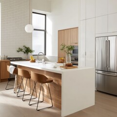 Fototapete - Bright, minimalist kitchen with modern appliances, wooden touches, and simple design.