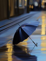 Wall Mural - a solitary blue umbrella stands on a rain-soaked street at dusk, reflecting city lights