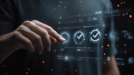 a futuristic digital checklist markers, the person is wearing a dark shirt and standing against a black background