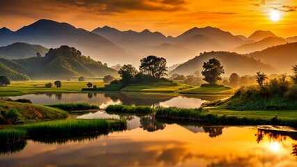 Wall Mural - Serene Sunrise Reflections Over a Tranquil Lake and Rolling Hills