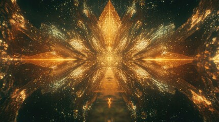 Poster - Symmetrical golden and green energy burst fractal artwork