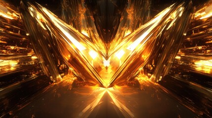 Poster - Glowing golden crystalline structures form a symmetrical, fiery, V-shaped design