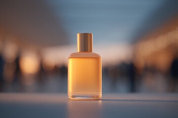 Poster - minimalist setup showcasing bottle of skincare oil in focus placed on smooth surface with people blurred in background