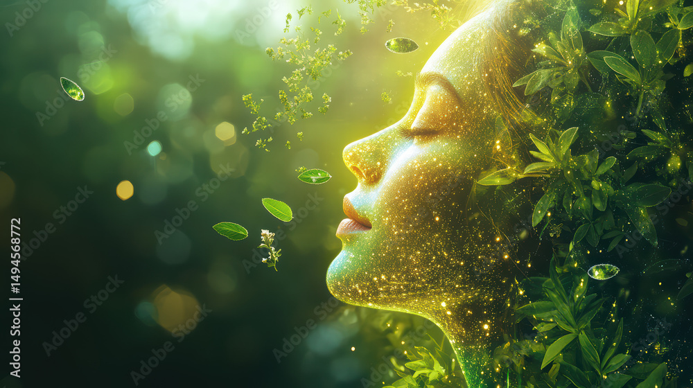 An ethereal composite art, a woman profile's face merge seamlessly with ...