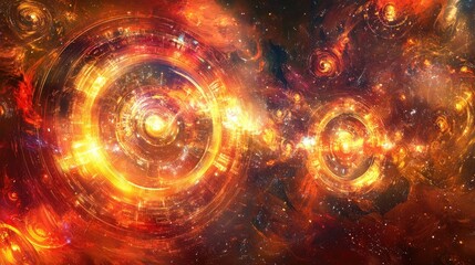 Poster - Fiery cosmic swirls with glowing, intricate clockwork mechanisms embedded within a nebula