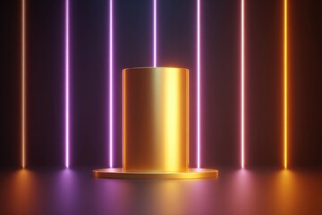Poster - sleek golden podium stands against vibrant neon background