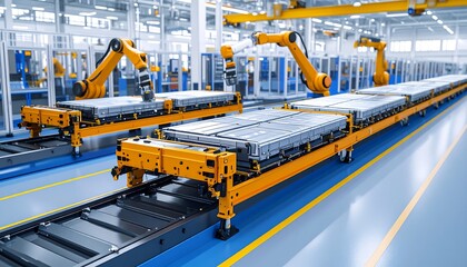 Aufkleber - Robotic arms assembling batteries on a line.
