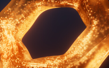 Poster - Golden glowing particles in glass geometry, 3d rendering.
