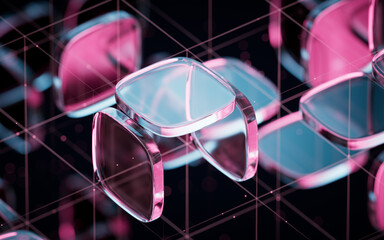 Poster - Abstract neon glass geometry cubes, 3d rendering.
