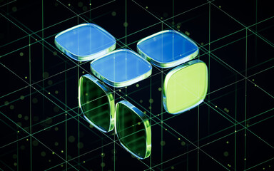 Poster - Abstract blue and green glass geometry cubes, 3d rendering.