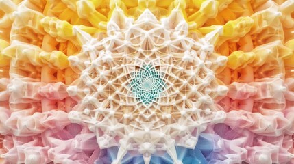 Poster - Intricate pastel mandala with radial symmetry, featuring a teal center and textured, flowing design