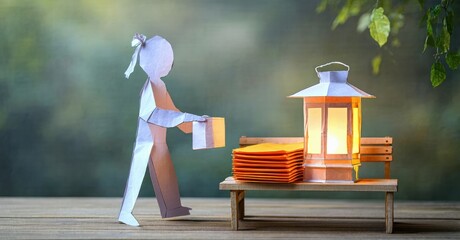 Poster - Paper figure near lantern, books stacked on bench. Soft light creates warm, inviting scene. Peaceful, quiet moment captured.