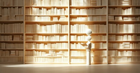 Poster - Minimalist figure reads book amidst towering bookshelves. Warm light illuminates scene, creating peaceful atmosphere. Books fill space.